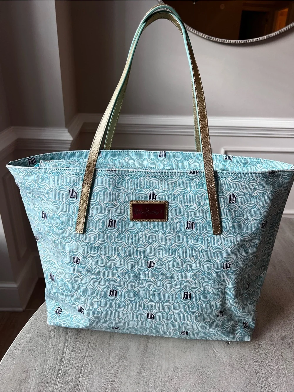 Lilly Pulitzer Shorely Blue Patterned Resort Tote with Gold Straps